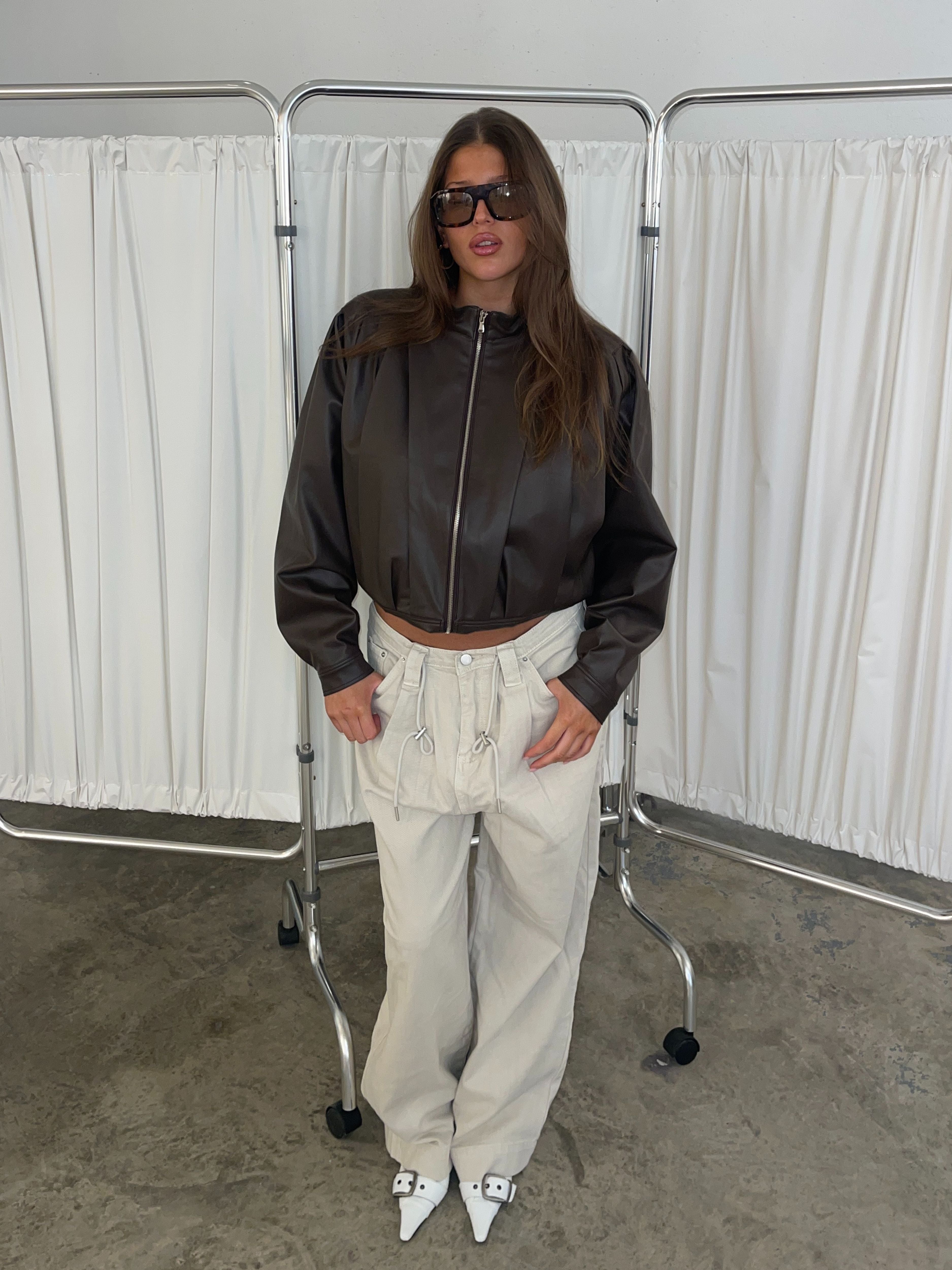 Brown Faux Leather Jacket with Front Pleats