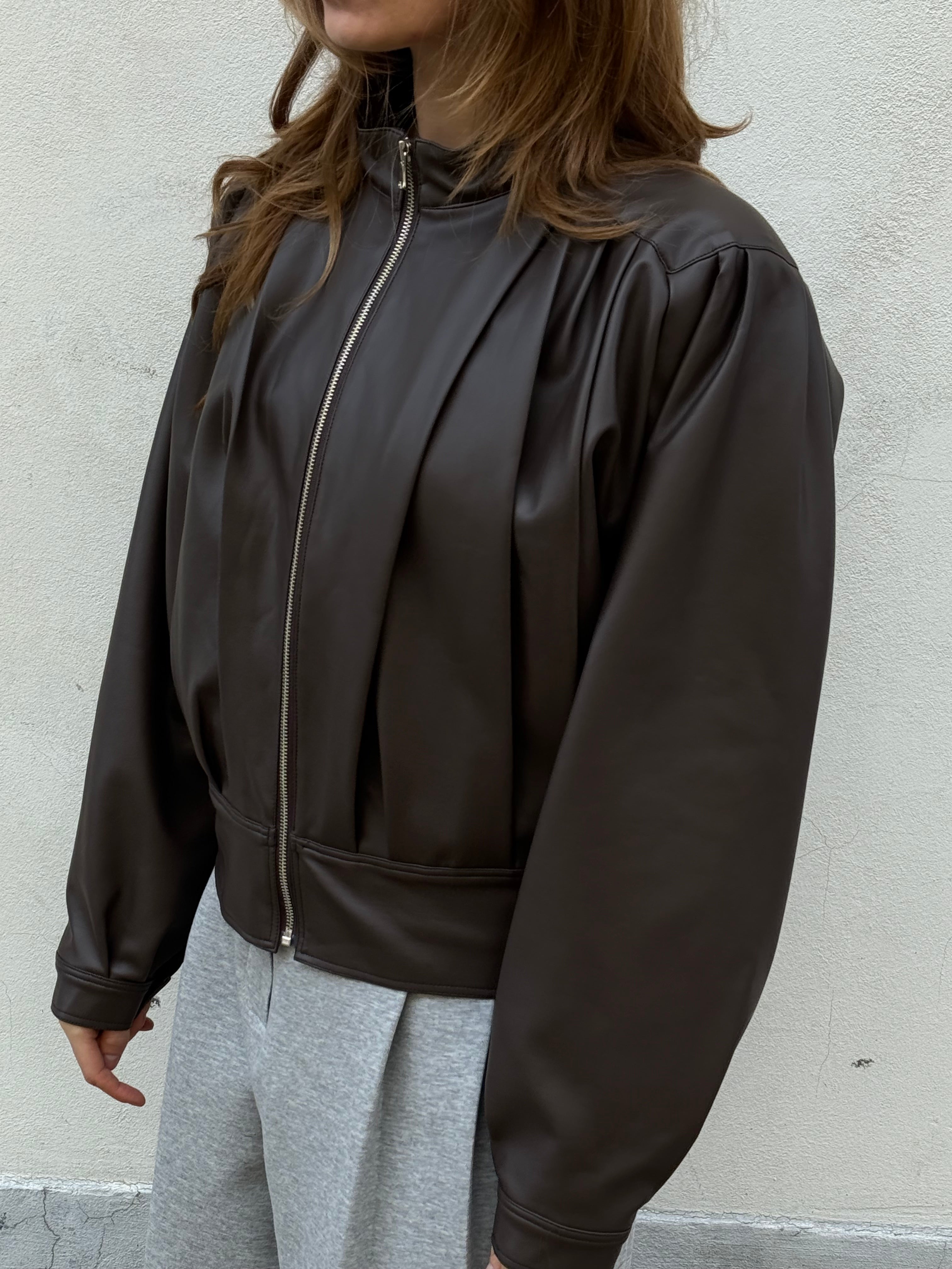 Brown Faux Leather Jacket with Front Pleats