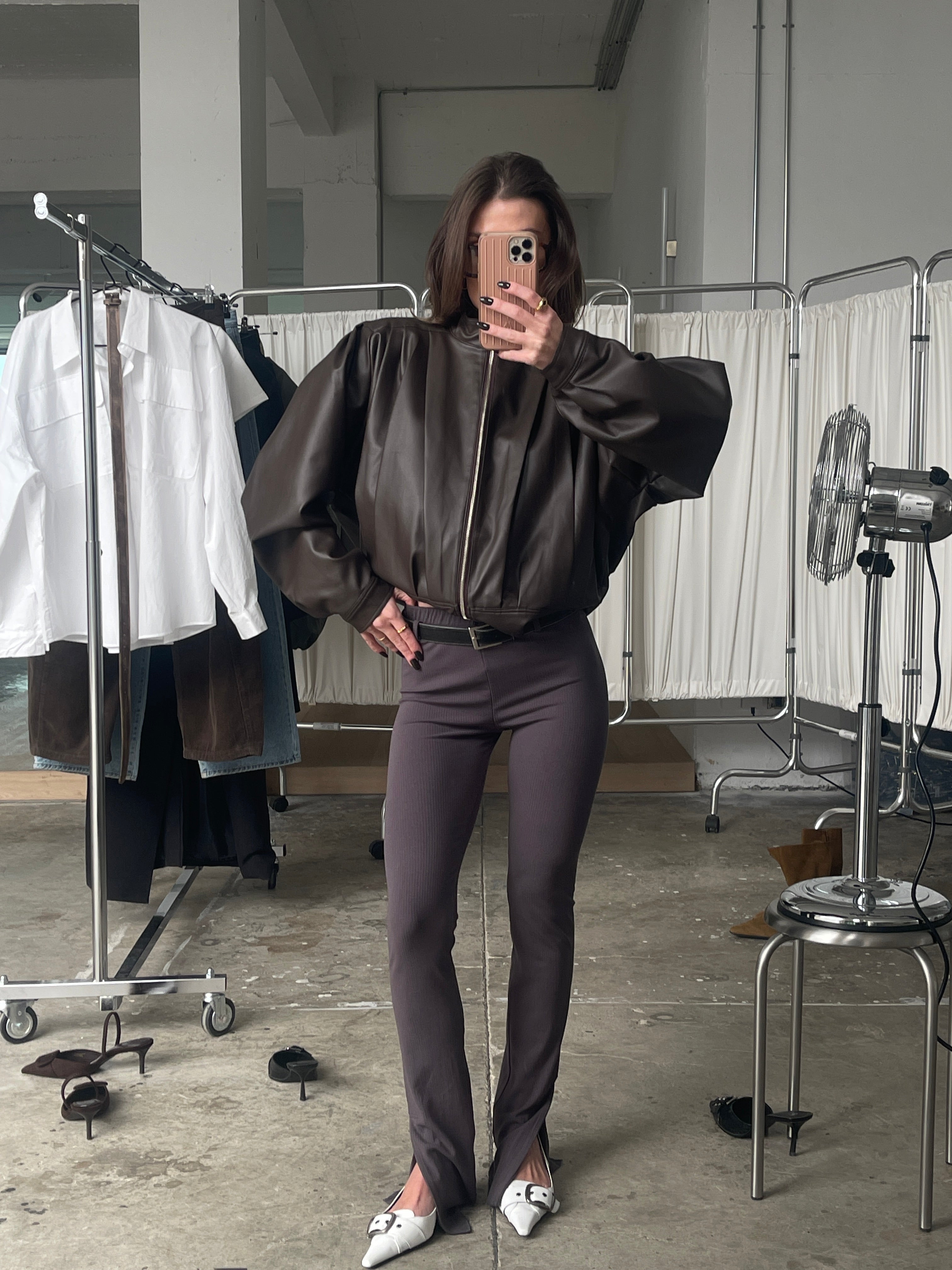 Brown Faux Leather Jacket with Front Pleats