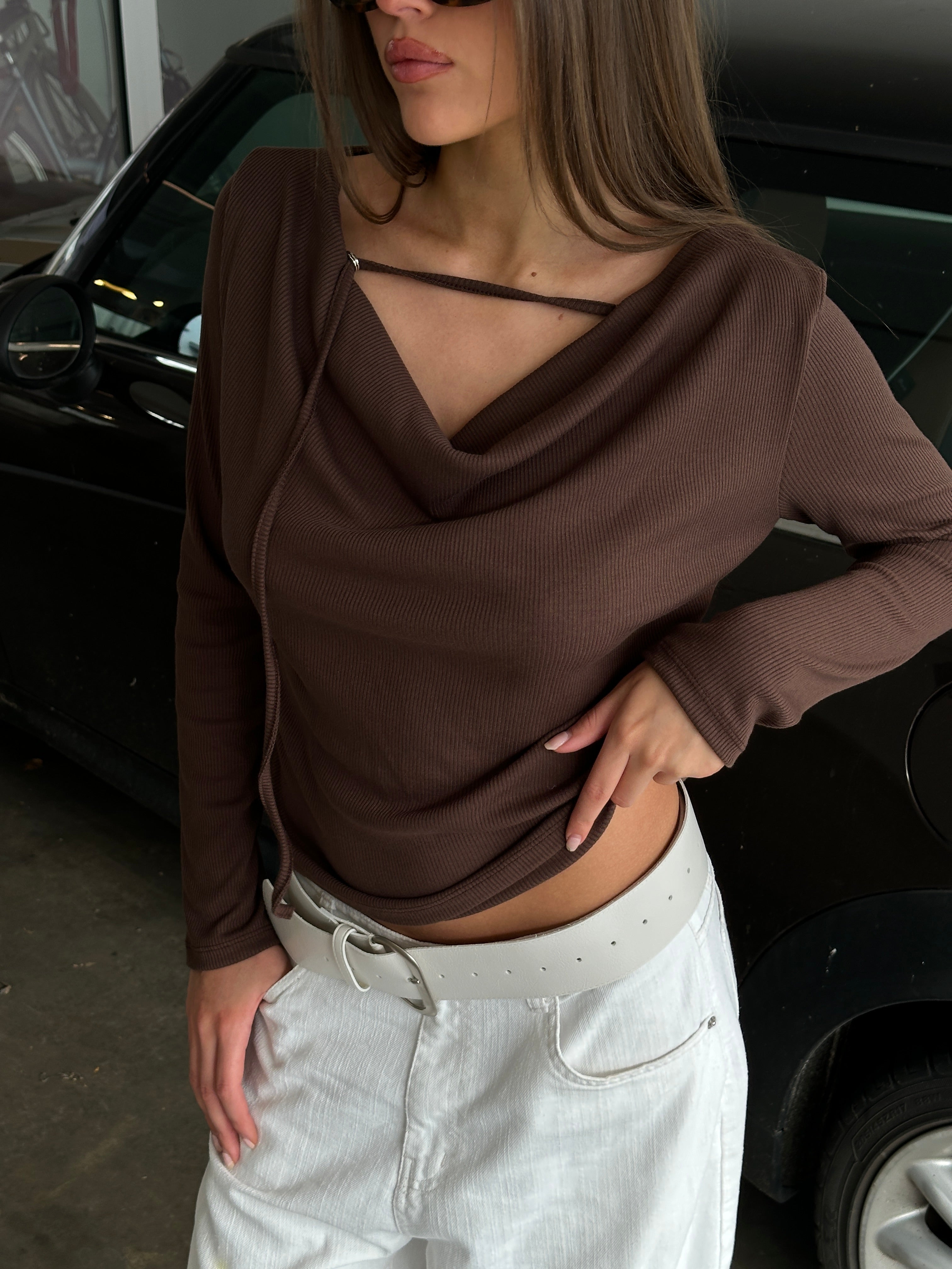 Brown Draped Blouse with Front Detail