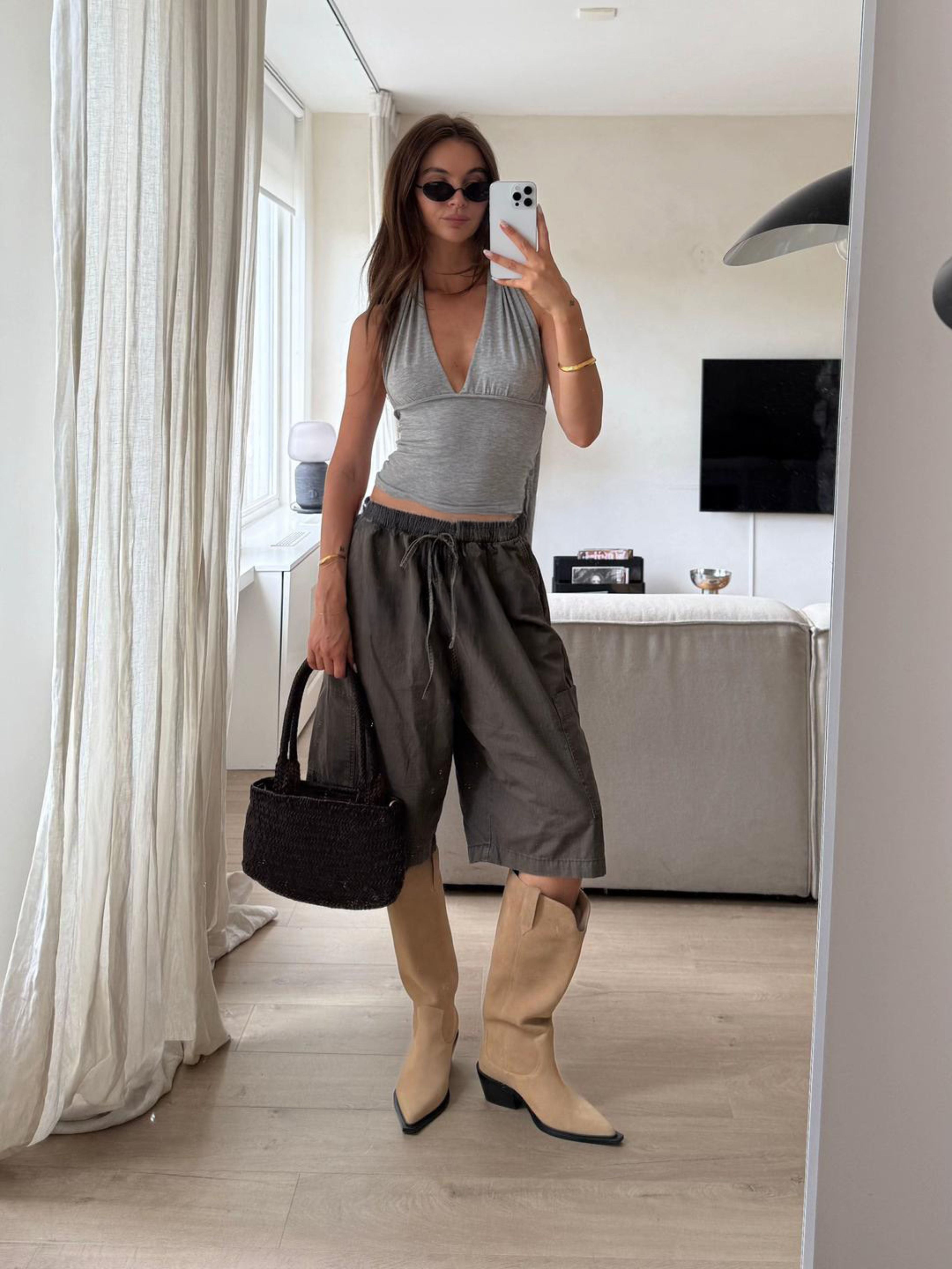 Deep V-Neck Gray Halter Top