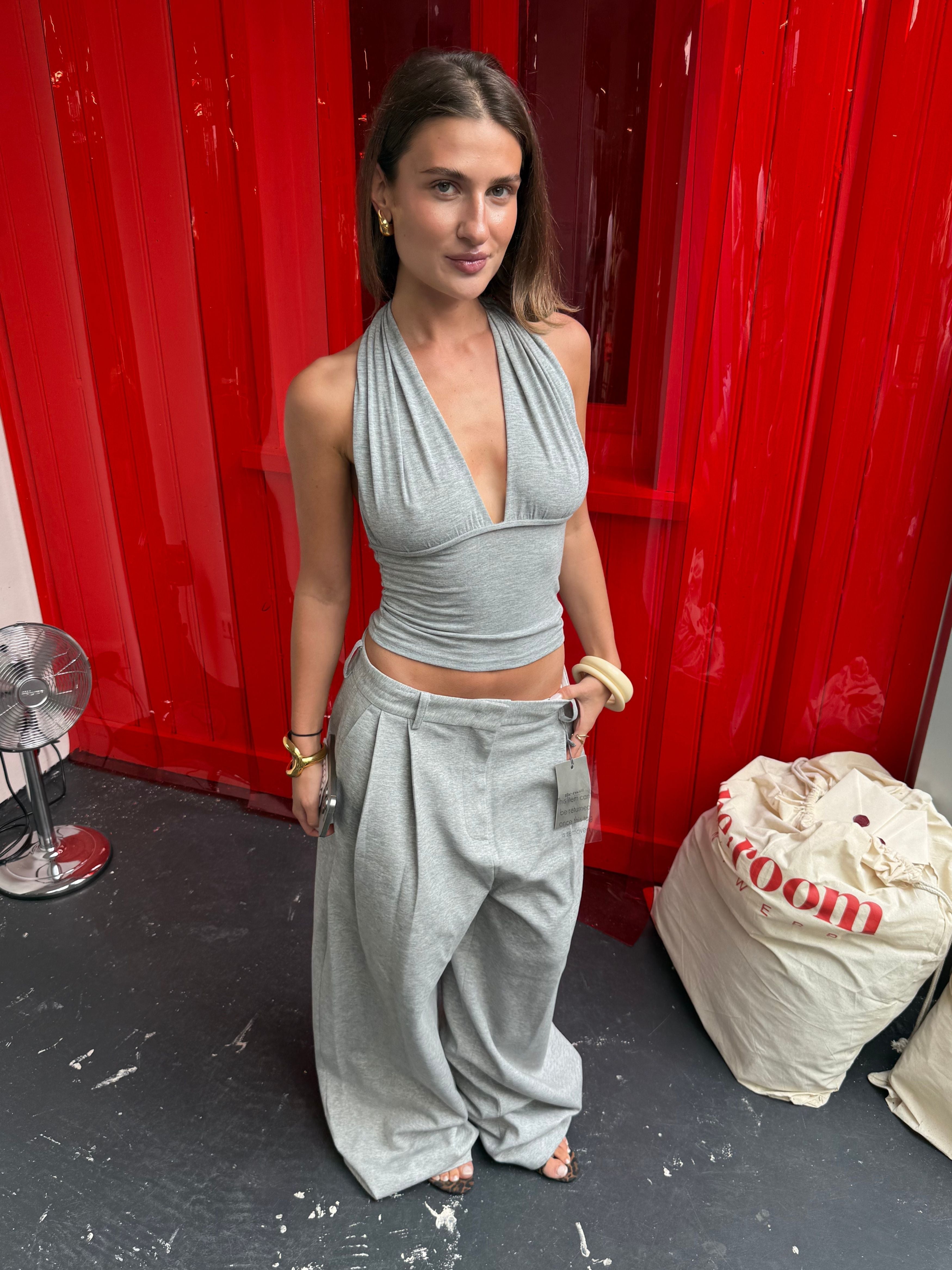 Deep V-Neck Gray Halter Top