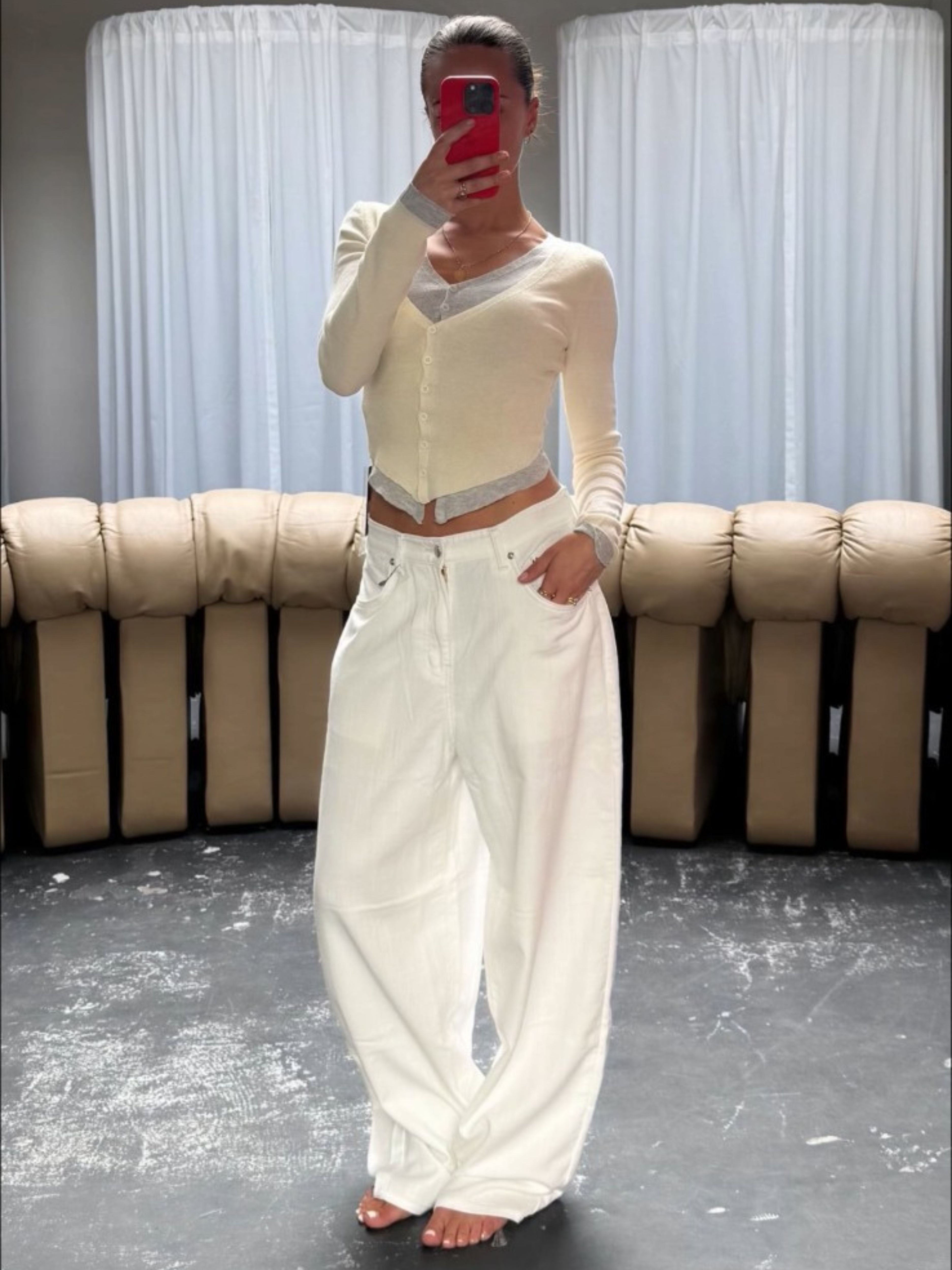 Off White and Gray Double Layer Cardigan