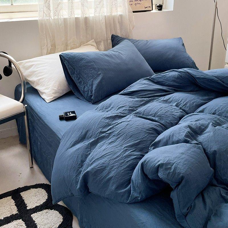 Solid Washed Duvet Set - Navy