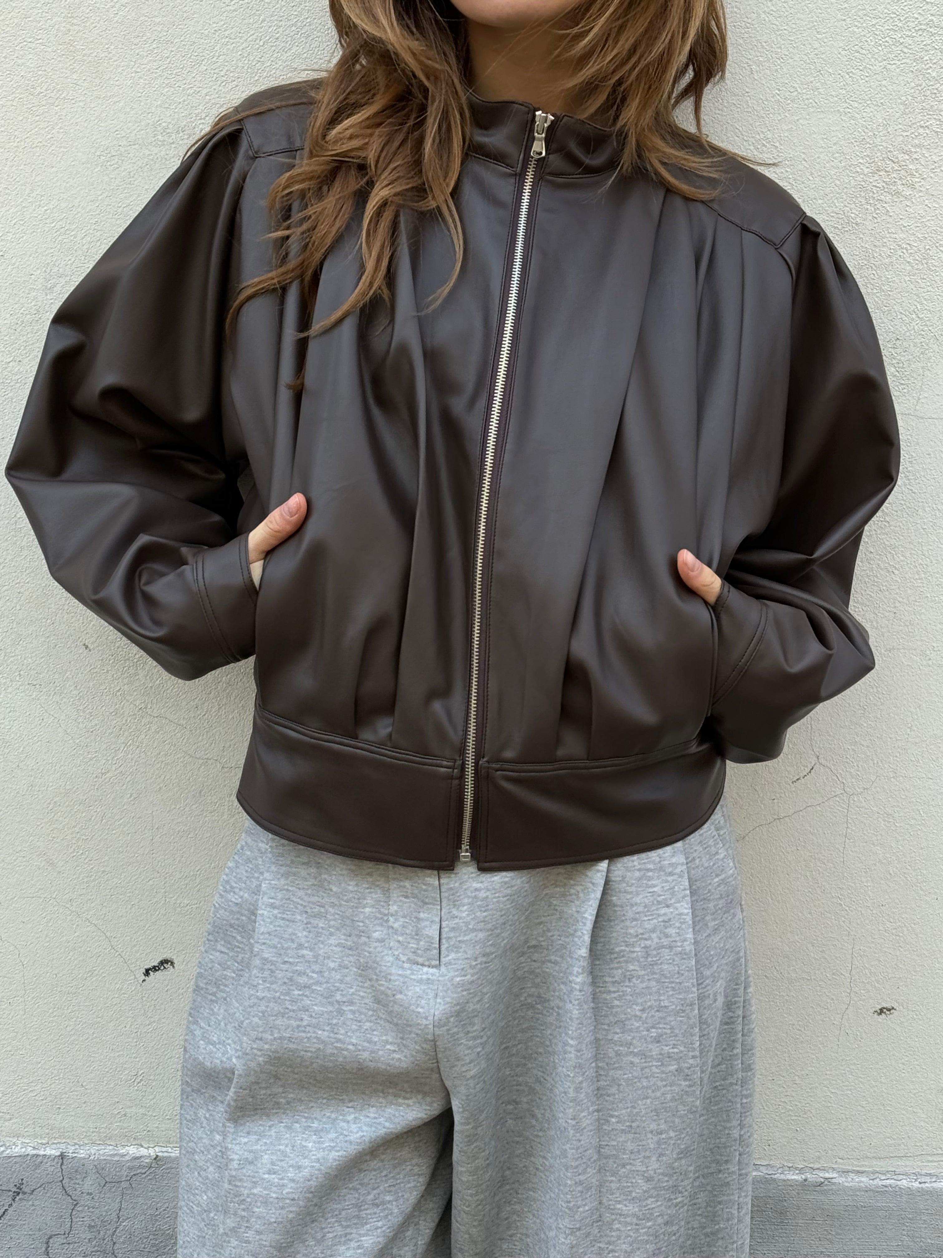 Brown Faux Leather Jacket with Front Pleats