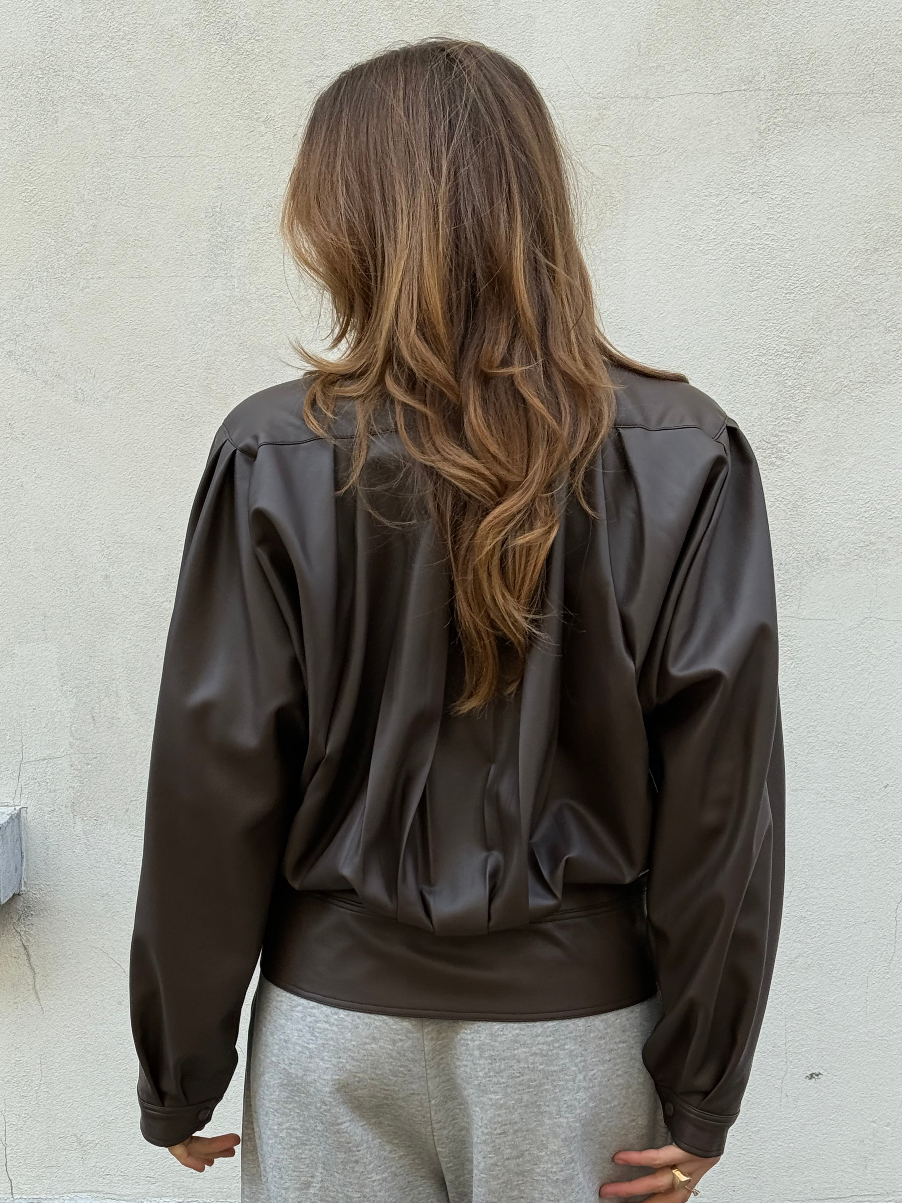 Brown Faux Leather Jacket with Front Pleats