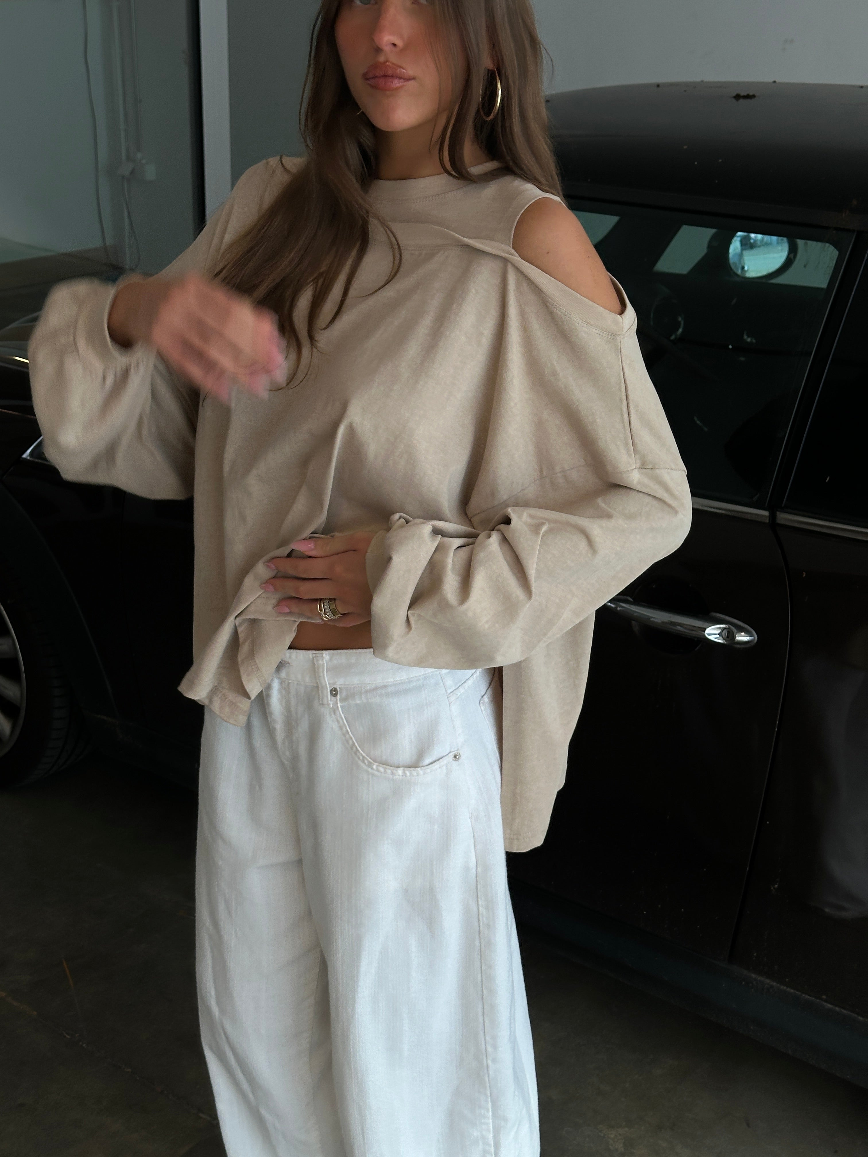 Asymmetrical Shoulder Long Sleeve T-Shirt in Coffee Brown
