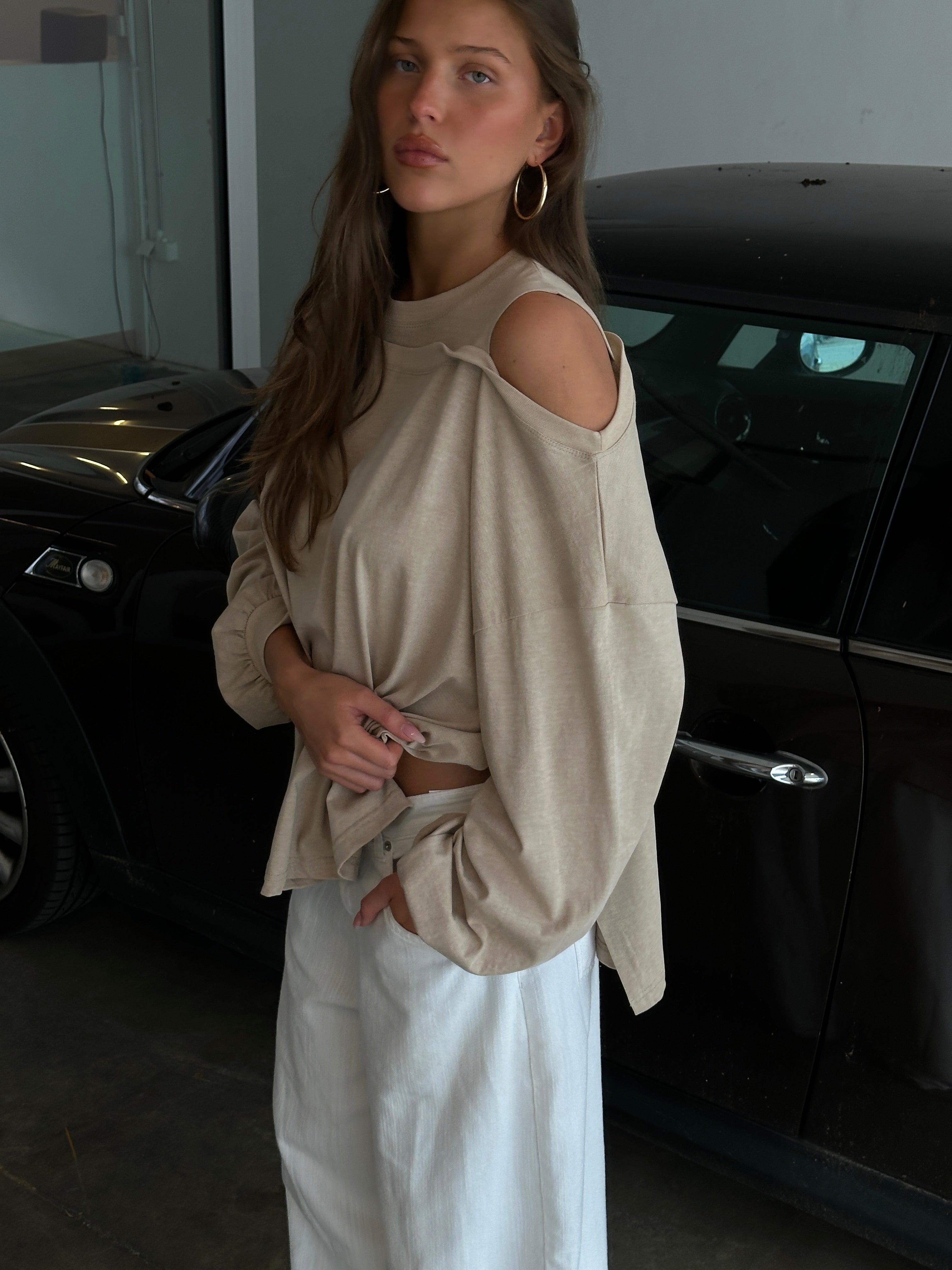 Asymmetrical Shoulder Long Sleeve T-Shirt in Coffee Brown