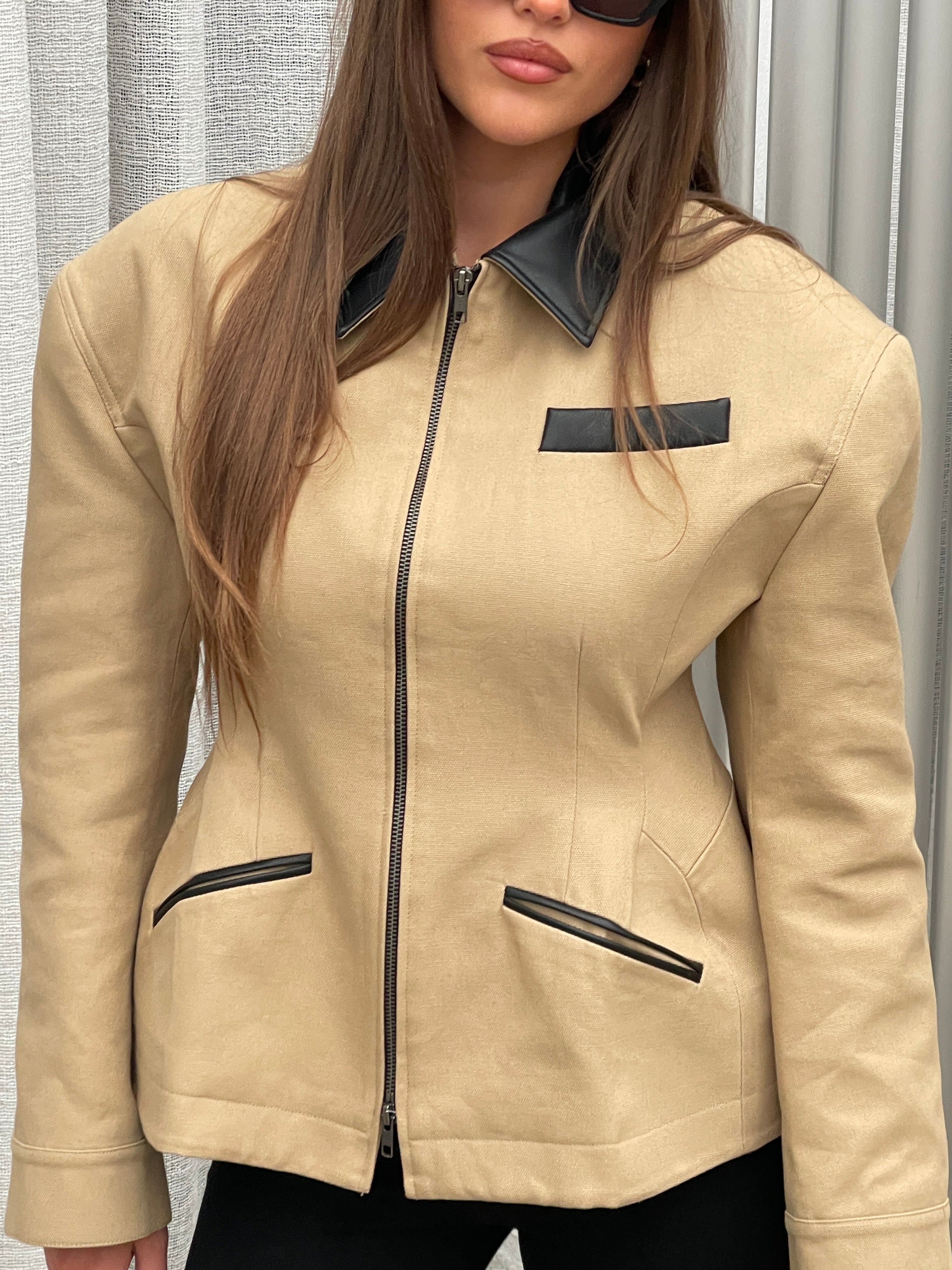 Caramel Cinched Vest with Contrast Collar