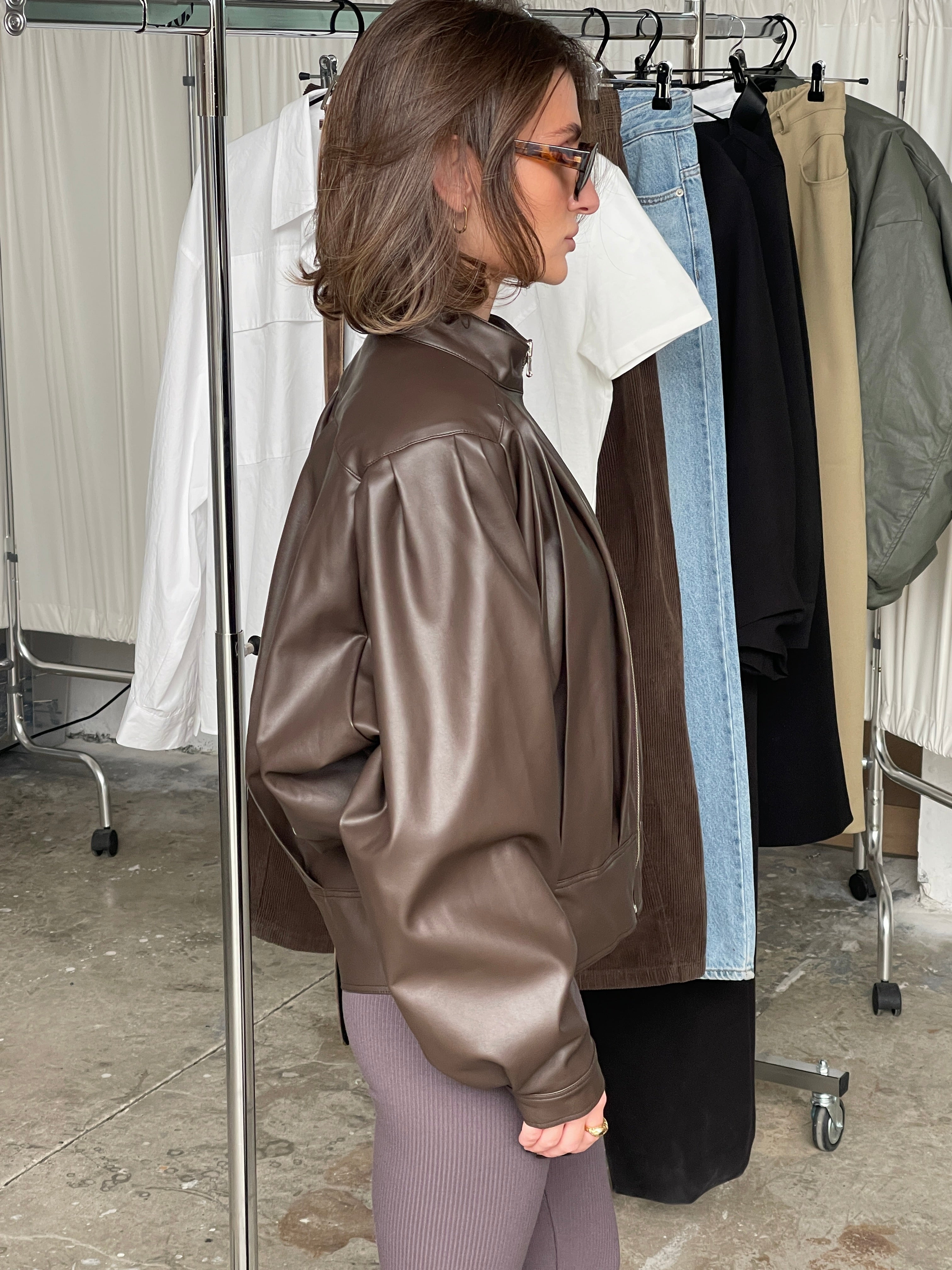Brown Faux Leather Jacket with Front Pleats