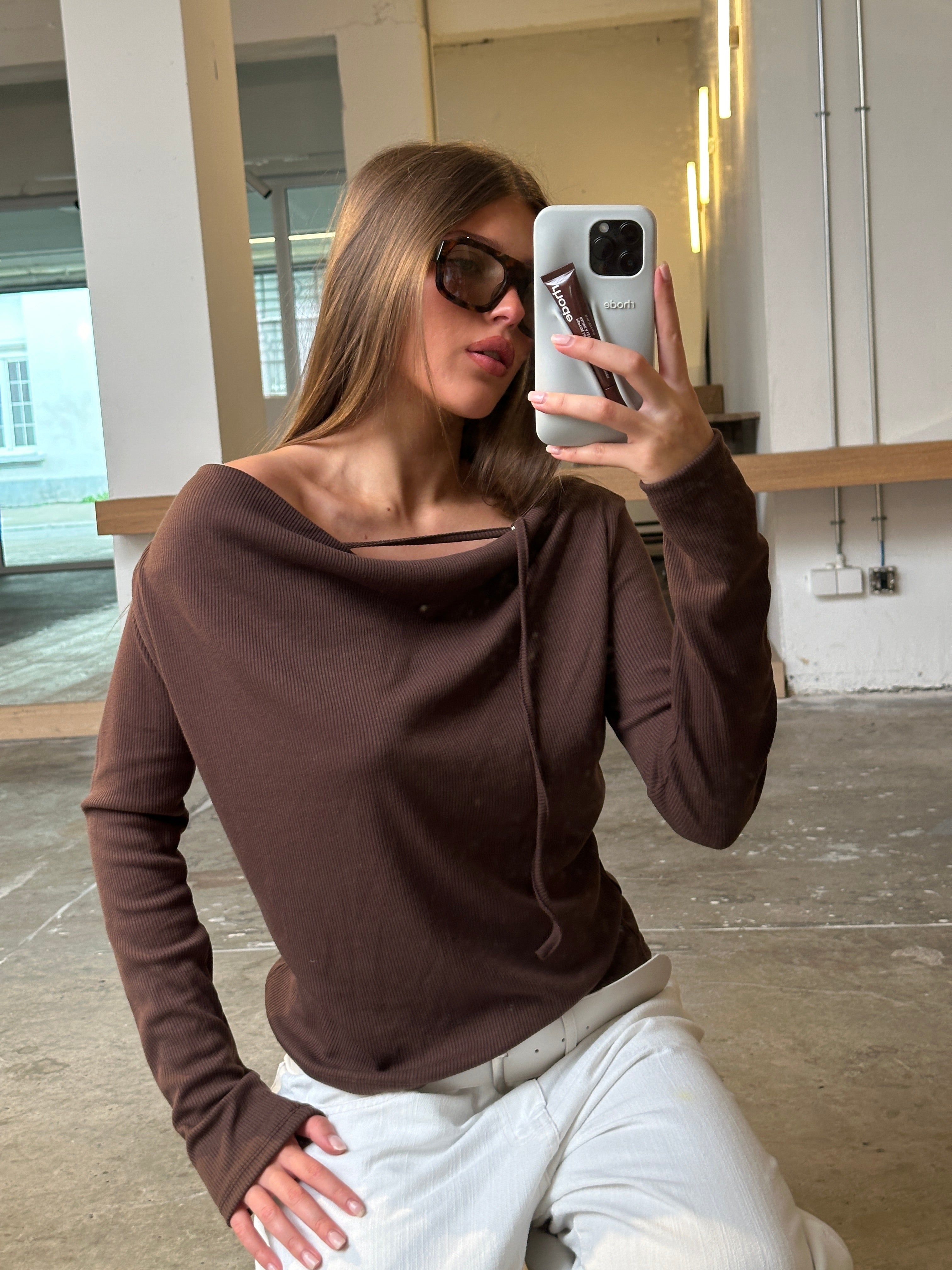 Brown Draped Blouse with Front Detail