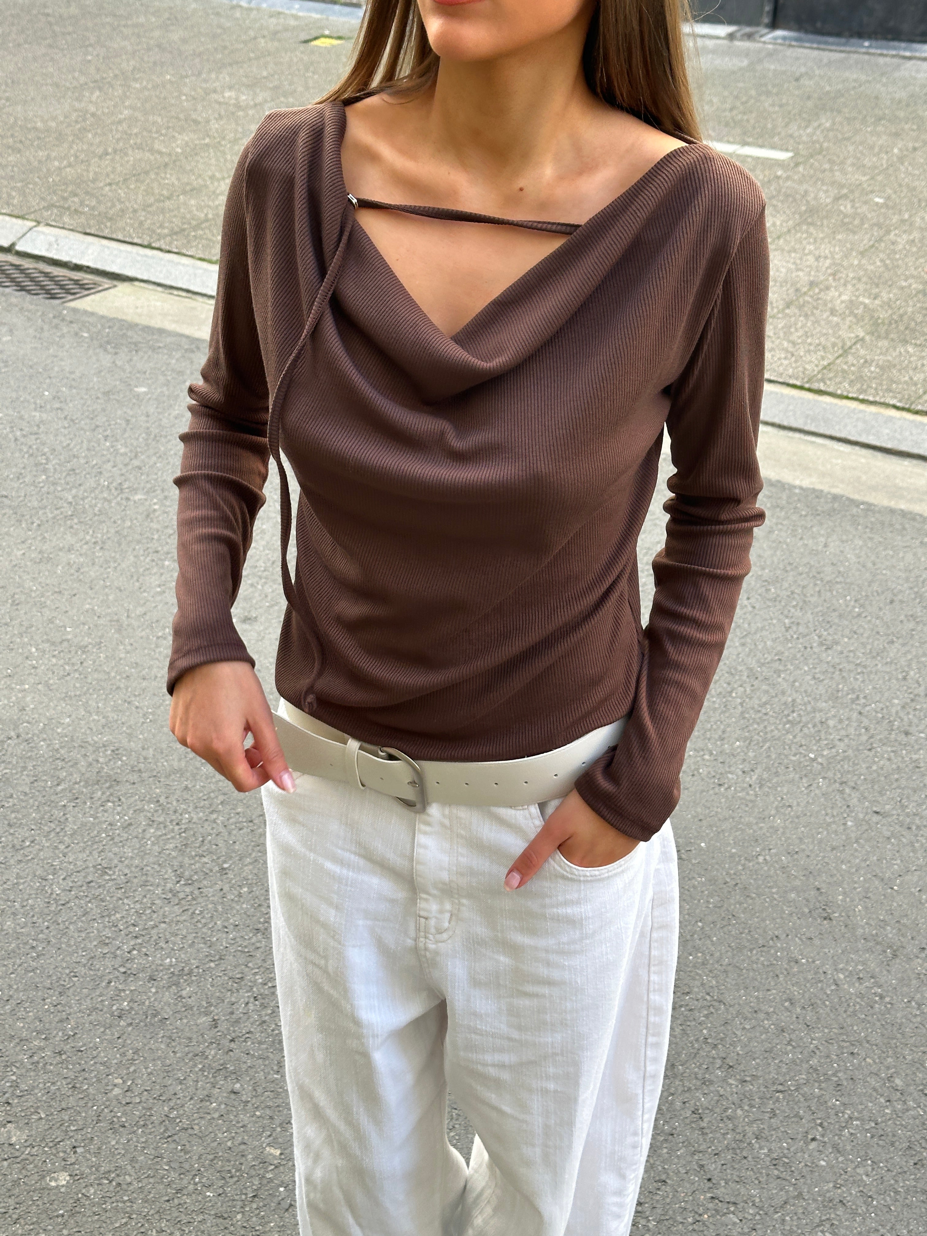 Brown Draped Blouse with Front Detail