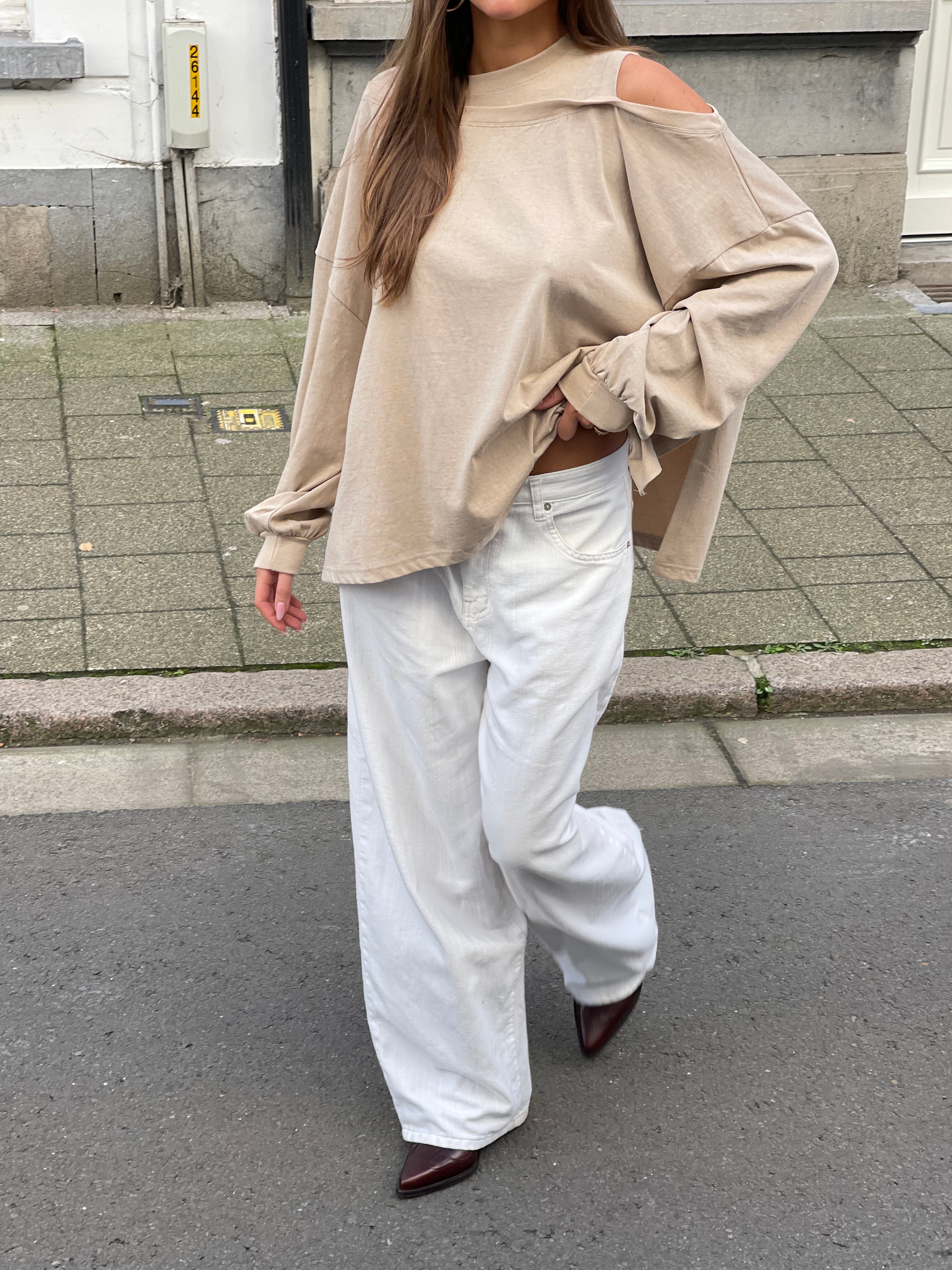 Asymmetrical Shoulder Long Sleeve T-Shirt in Coffee Brown
