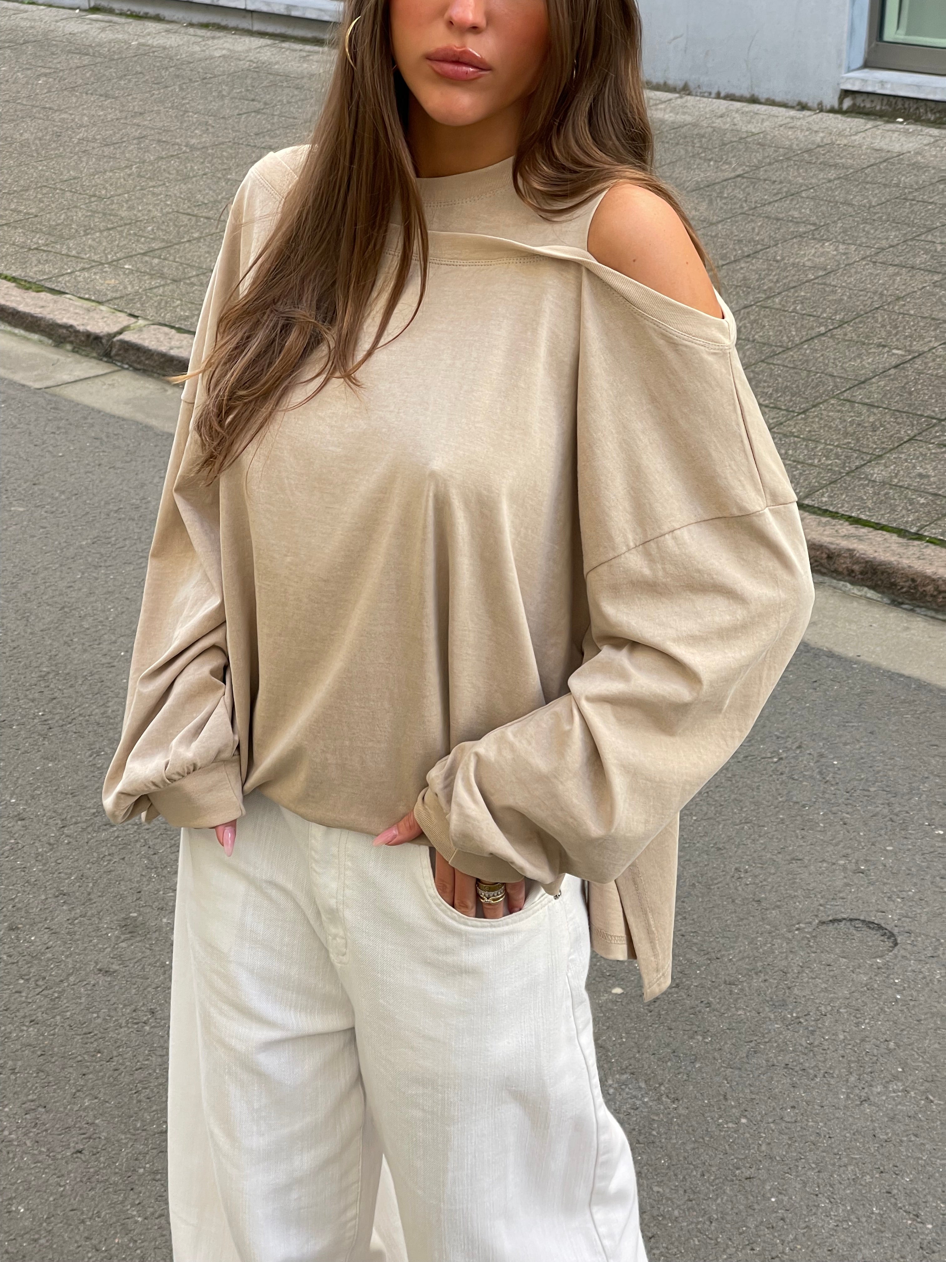 Asymmetrical Shoulder Long Sleeve T-Shirt in Coffee Brown
