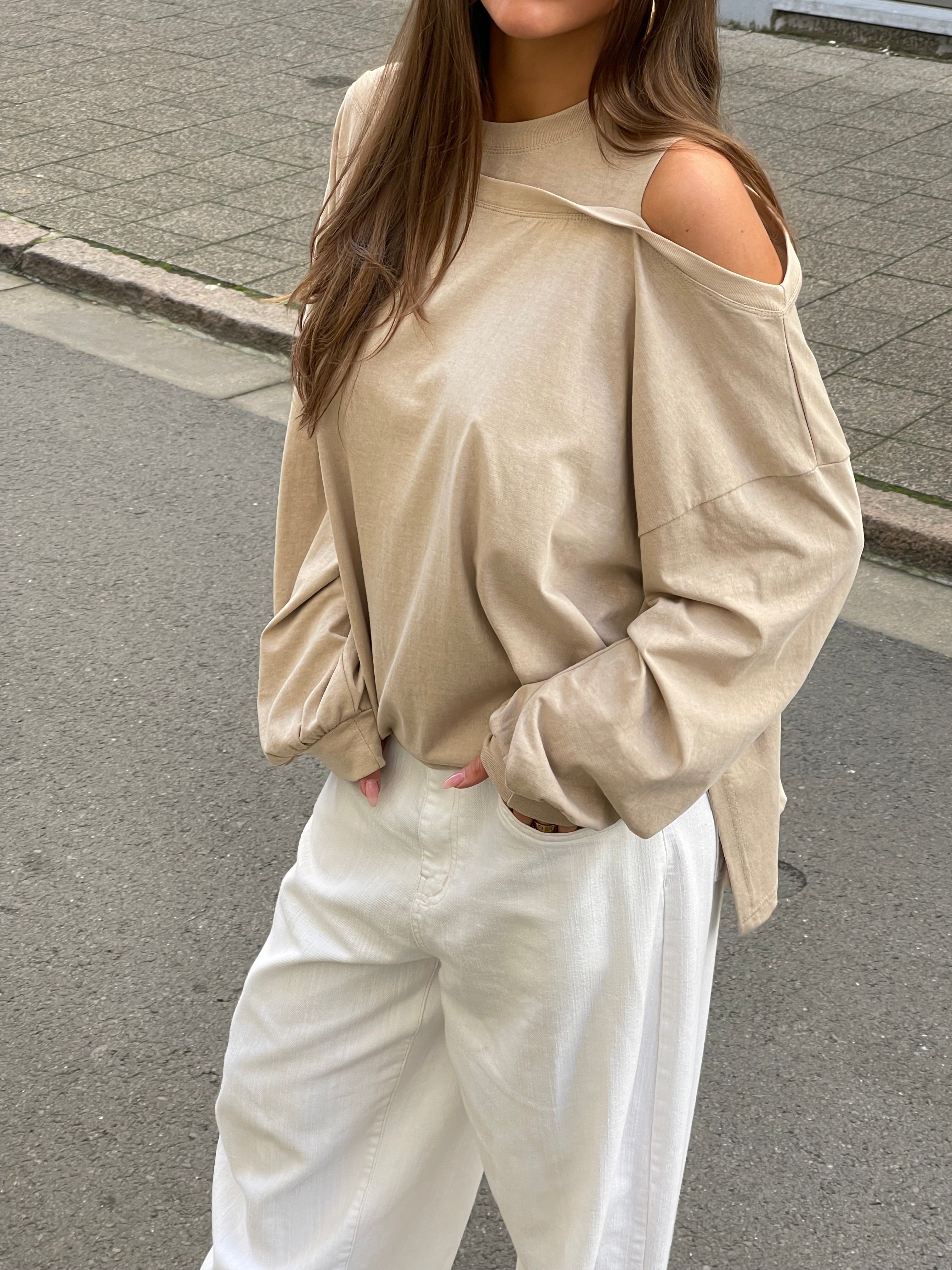 Asymmetrical Shoulder Long Sleeve T-Shirt in Coffee Brown