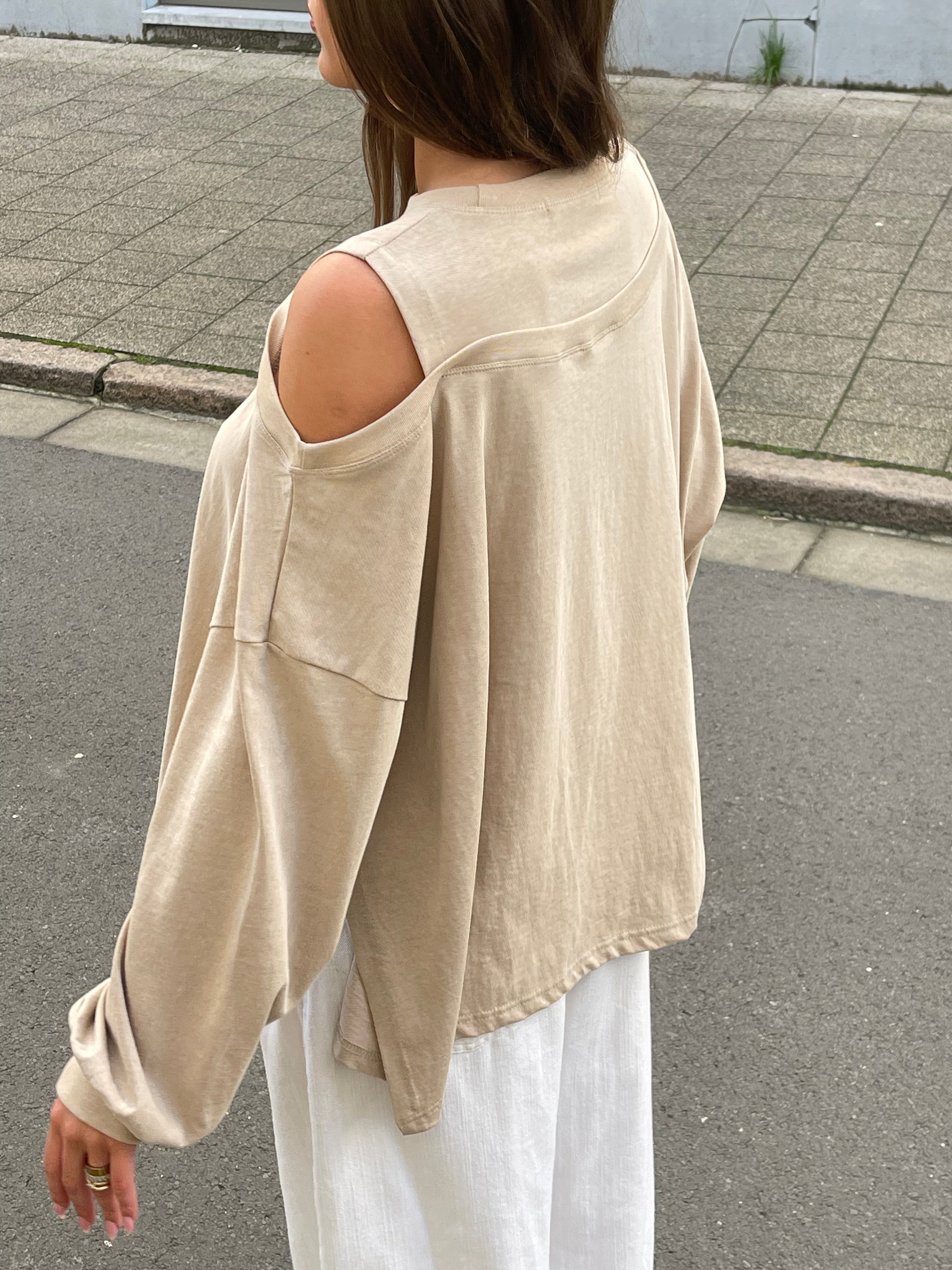 Asymmetrical Shoulder Long Sleeve T-Shirt in Coffee Brown